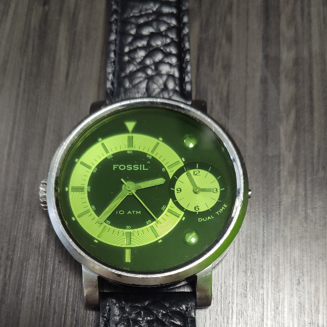 Fossil Fs4339 Black Leather Dual Time With Green Dial